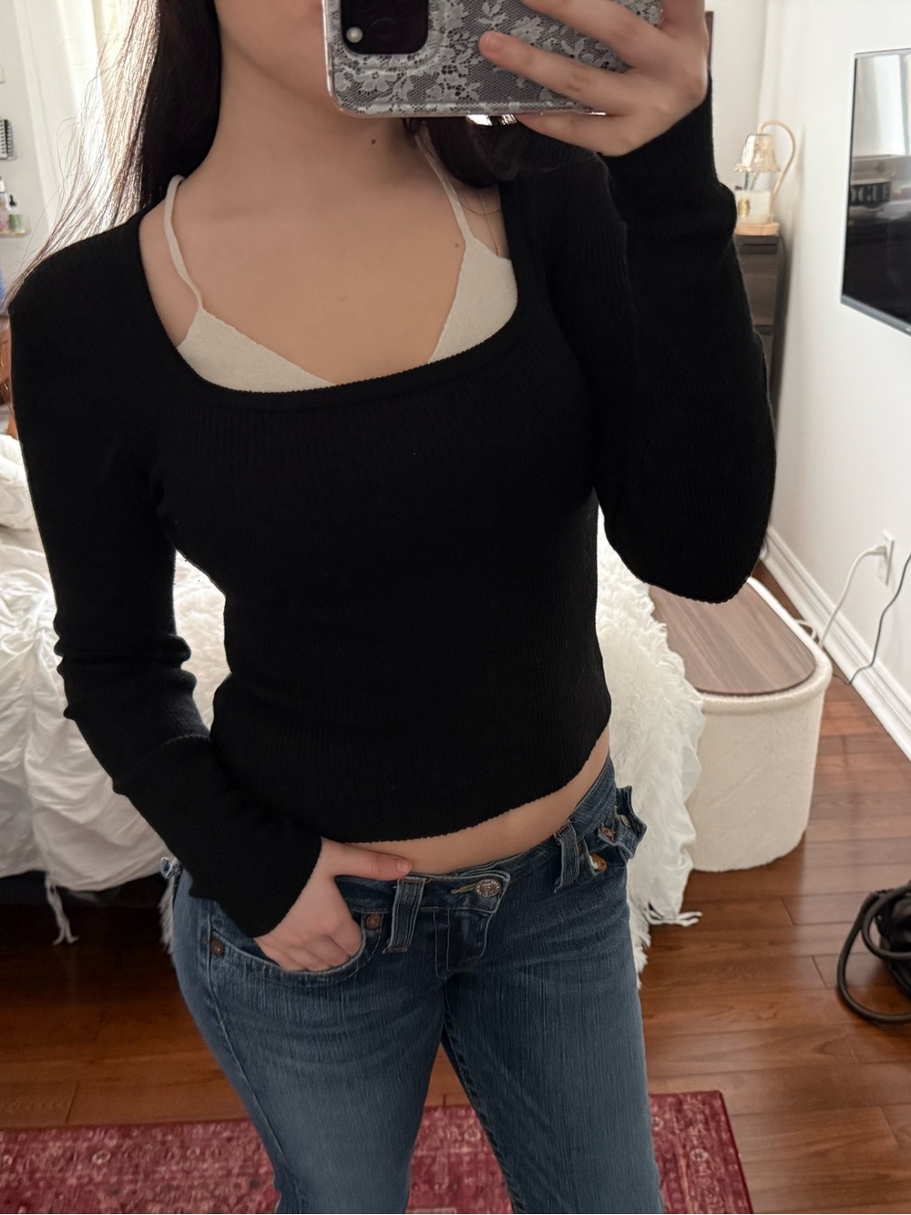 Vintage black long sleeve top with inner fake cami 🐈‍⬛